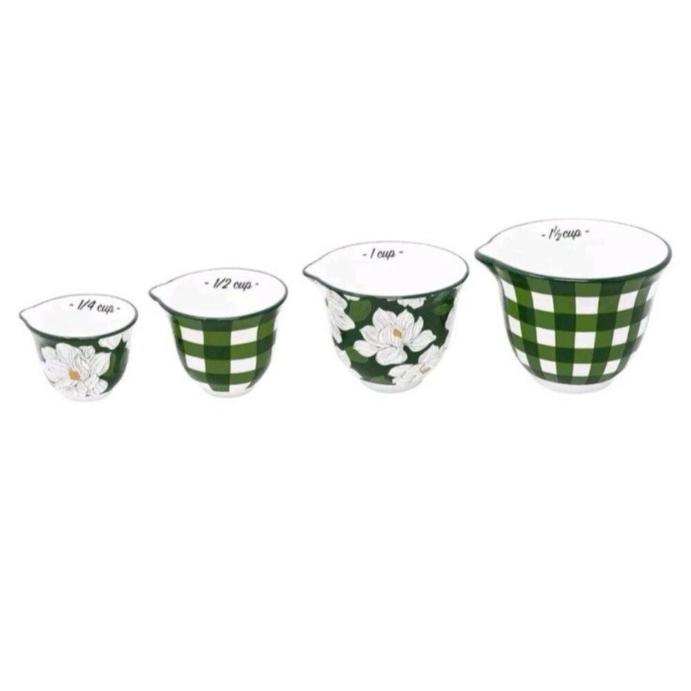 Draper James Green Gingham Floral Ceramic Measuring Cups Set 4 New Boxed Gift